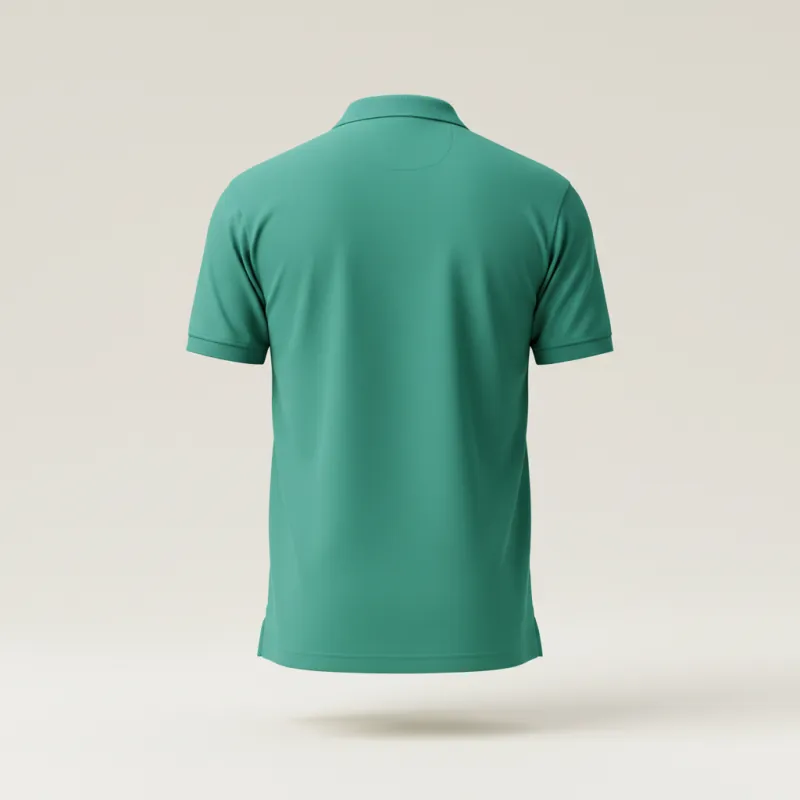 Teal polo shirt, back view