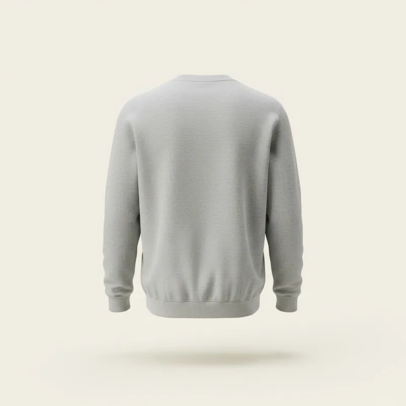 Grey crew neck sweatshirt, back view